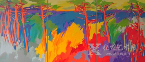 晨晓 《林中海湾》油画-360×150cm