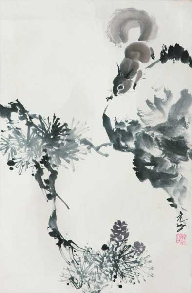  松鼠松子图（国画） 杨元武