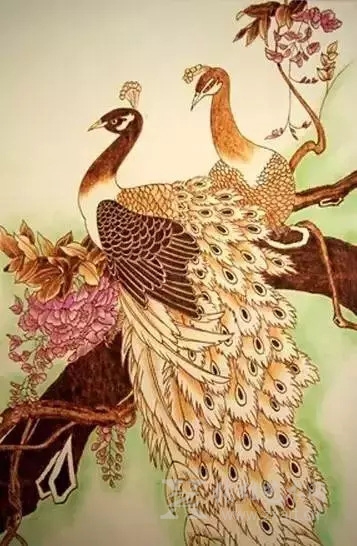 丝绢烙画《孔雀开屏》