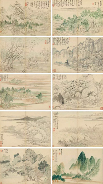 明末清初 恽寿平《仿古山水册》，册页（十开），设色纸本，北京保利2016 春季拍卖会，成交价8165 万元。　