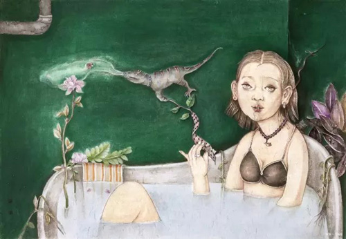 翱紫丨浴缸里的奥菲娅丨国画丨90×55CM丨2016年