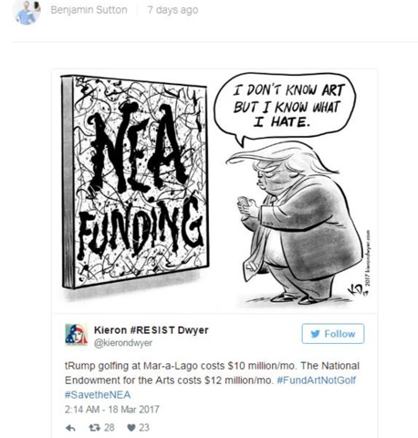 讽刺川普漫画：“我不了解艺术，但我了解自己讨厌甚么。”图/取自Twitter。　
