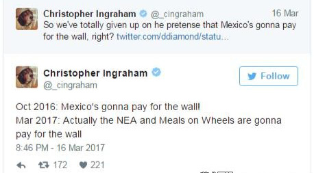 网友贴文讽刺川普，要把国艺会的经费拿去帮墨西哥盖围墙。图/取自Twitter。