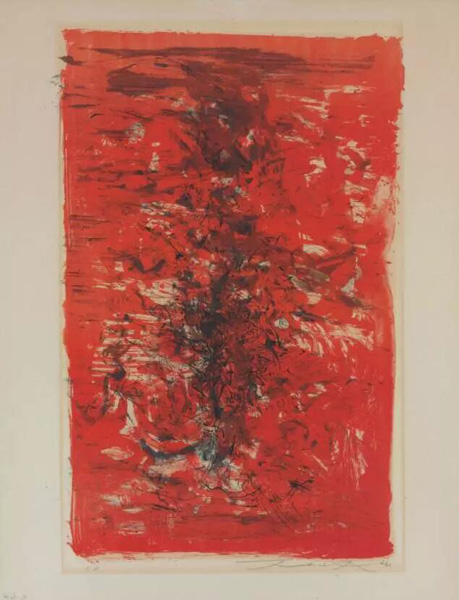 赵无极(法国/中国1920–2013)，《红色构图–L.VII.》，1960年作。平版印刷，65.5x 50.2 cm.。估价：3,000-5,000 美元。