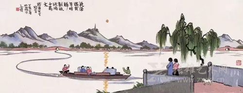 款识：夜深满载月明归 划破琉璃千万丈 铁甫先生雅赏 丁亥小春於西湖作 子恺