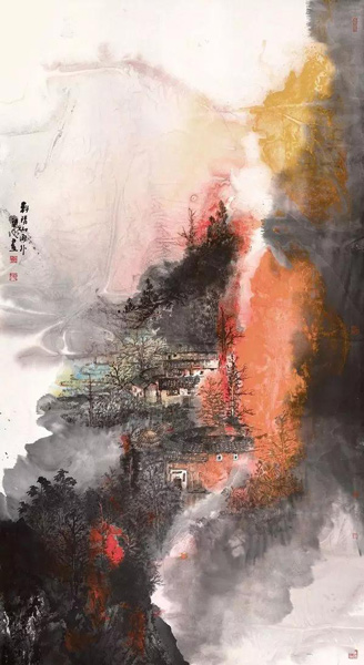 《斜阳山雨外》纸本设色 98×180cm 2016年