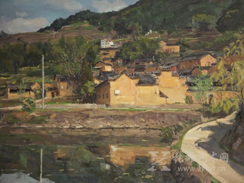 《池塘边的村舍》布面油画 60X80cm 2015年