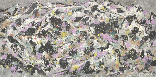 　Wu Guanzhong。 The Yulong Mountains at Sunset。 2006。 Chinese ink and colour on paper。 23.8 x 245.6 cm。 Gift of the artist。