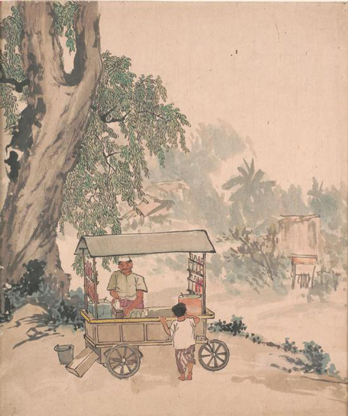      　Chen Chong Swee。 Ice Kachang Vendor。 1950s–1960s。 Chinese ink and colour on paper。 51.4 × 53.3 cm。 Gift of the artist‘s family。