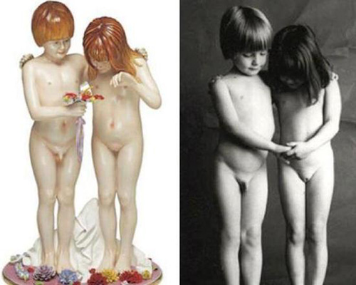   让·弗朗索瓦·鲍雷的摄影作品《Enfants》(《孩子》)(左)，与昆斯雕塑作品《裸体，1988》(右)