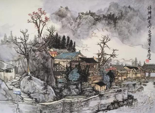 邓伯元 夯沙木寨  纸本水墨设色  39cm×53cm