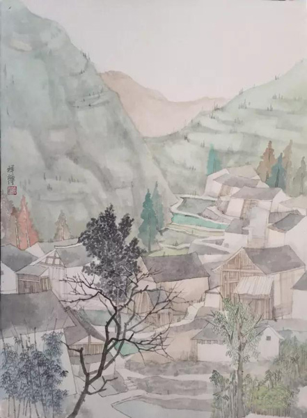 肖祥辉 夯沙写生之一  纸本水墨设色  39cm×53cm