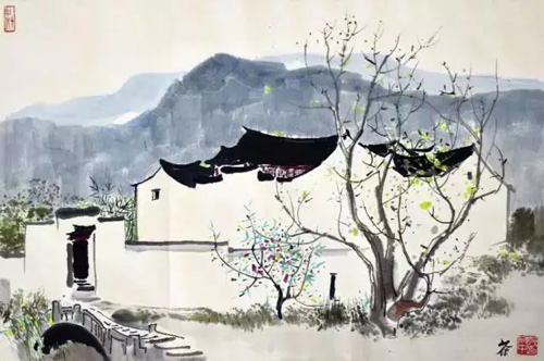 吴冠中 北京大千画廊 | 国画  江南水邨  67 x 45cm