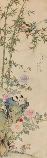 蒋廷锡(1669-1732) 眉寿同春 立轴 设色绢本 题识：南沙蒋廷锡。 钤印：臣廷锡、南沙 205×62 cm.  RMB: 600,000-900,000