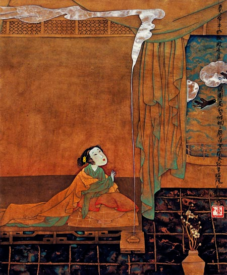 《玉颜不及寒雅色  犹待朝阳日影来》 纸本重彩工笔画  37X30cm 1993年