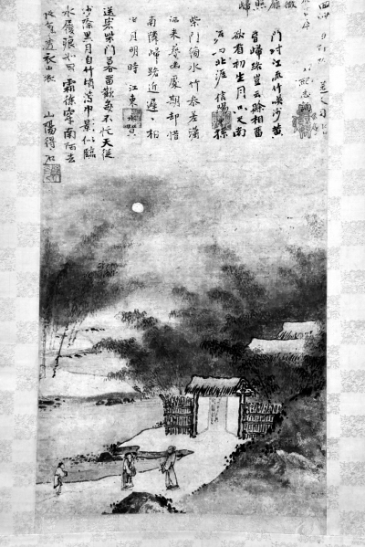  藤田美术馆展出的《柴门新月图》，它是现存最早的诗画轴。