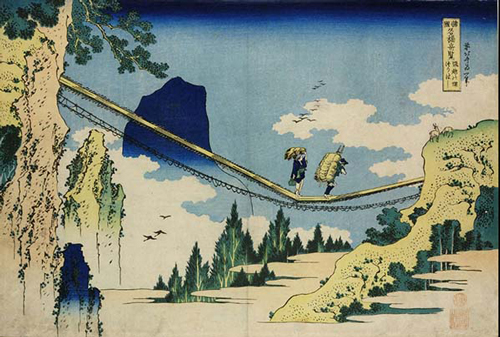   诸国名桥奇览之飞越边境的吊桥，葛饰北斋，木版画，1834年（展出时间：5月25日-7月2日）