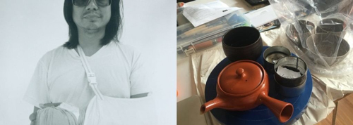 左：Rikrit Tiravijana。右：绿茶是他的生命之源。图片：致谢艺术家