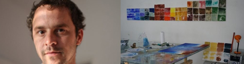 左：Thiago Rocha Pitta。右：在他工作室里面的颜料实验。