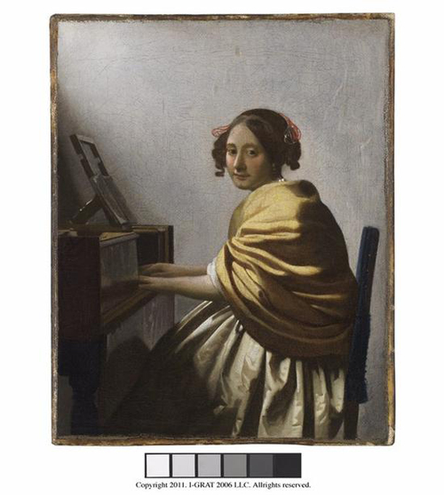   约翰内斯·维米尔（1632-1675）《坐在维金纳琴旁的年轻女子》