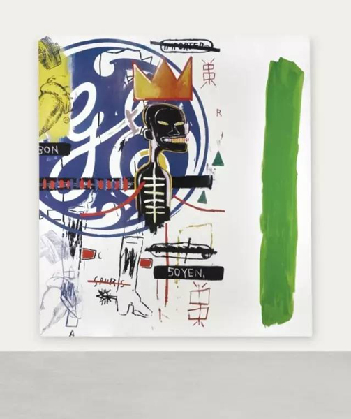 Michel Majerus对于巴斯奎亚和沃霍尔的合作的挪用，上面有额外的绿色条带，这个作品为艺术家创下了记录。图片：致谢Kenny Schachter