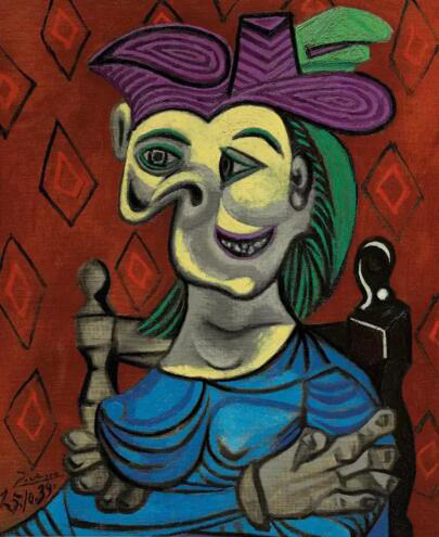 巴布罗・毕加索 (1881-1973) 《静坐的蓝袍女子》 油彩 画布 73 x 60 cm. 1939年10月25日作 成交价：美元 45,047,500 印象派及现代艺术晚间拍卖，纽约， 2017年5月