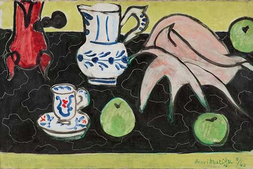 马蒂斯，《黑色大理石上的贝壳和静物》，1940年，其中左上的咖啡壶在马蒂斯作品中多次出现