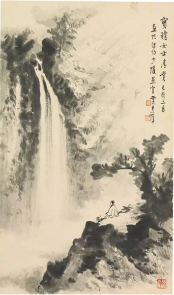 黄君璧 《观瀑图》 水墨纸本  立轴  1969年作 69 x 40.8 cm. 估价：美元 9,000 - 18,000