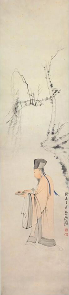 张大千 《东坡观砚》 设色纸本  立轴 1943年作 110.5 x 25.7 cm. 估价：美元 80,000 - 120,000