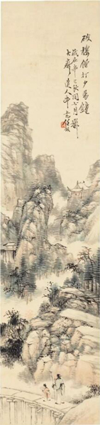任预 《深山访友》 设色纸本  立轴 1881年作 100.7 x 23.8 cm. 估价：美元 6,000 - 10,000