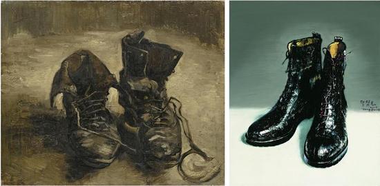 左： 梵高， 鞋子， 1886， 阿姆斯特丹梵高美术馆（梵高基金会）。右：曾梵志，靴子， 2009
