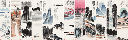 齐白石山水十二条屏/立轴设色纸本/1925年作/180x47cmx12  