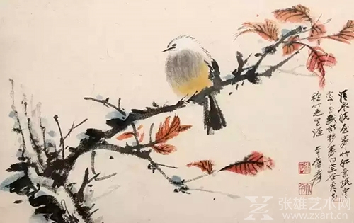 张大千  红叶小鸟  设色纸本 镜框 22.7×34.7cm 约0.71平尺 款识：清泉绕屋家家竹，红叶烧云处处花。我欲移家向空谷，看花种竹足生涯。大千居士爰。 钤印：张爰 大千