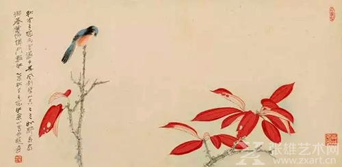 张大千 红叶小鸟 设色纸本 镜片 乙酉（1945）年作 34.5×69.5cm 款识：秋老青城雨雪蒙，千林风刷碧山空。二三如醉霜前树，暮叶偏怜斗艳红。乙酉秋写青城红叶小鸟并题，爰。 印鉴：张爰之印、青城客、大千豪发