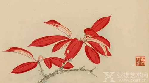 张大千 红叶小鸟 局部