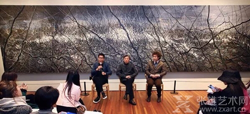 松美术馆首展开幕媒体群访现场（左起：王中军、范迪安、常天鹄） 