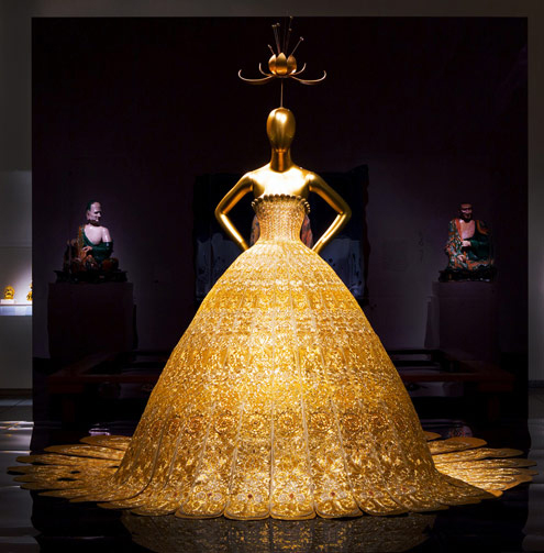 Silk couture evening gown embroidered with gold byGuoPei (Metropolitan Museum of Art)