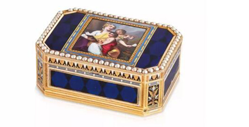瑞士镶嵌宝石及珐琅的黄金手动上链音乐鼻烟盒 《音乐课堂》