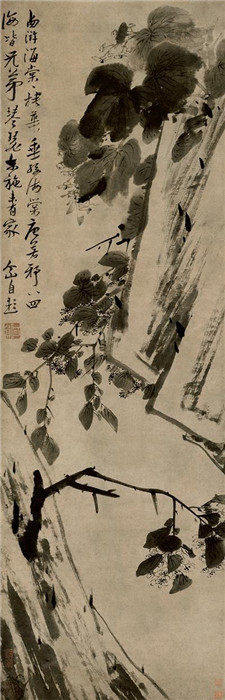   八大山人《海棠春秋图轴》，纸本水墨，154×55cm，清，安徽省博物馆藏