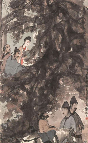 傅抱石《琵琶行》，立轴镜框 ，设色纸本，113 x 66 公分