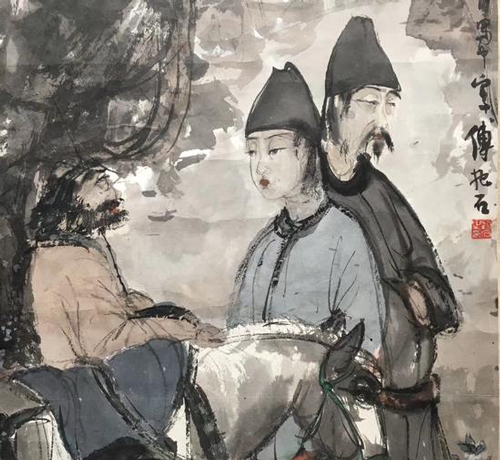 傅抱石《琵琶行》，立轴镜框 ，设色纸本，113 x 66 公分局部