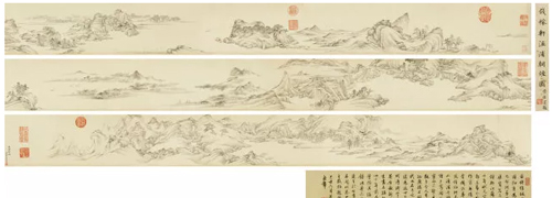 钱维城 渔浦翰烟 纸本手卷 本幅：13.5×410.5 cm  题跋：13.5×60 cm 成交价：RMB 17,250,000