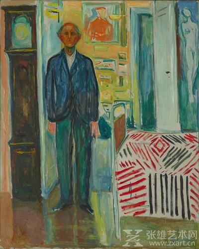 爱德华·蒙克《自画像：在钟表和床之间》，1940-1943，图片来源：奥斯陆蒙克博物馆