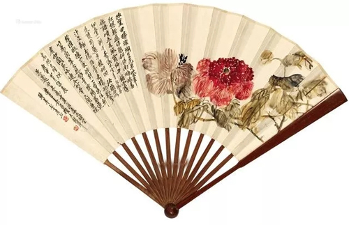 吴昌硕 郑孝胥《芍药.行书文心雕龙》 成扇 2014年北京匡时拍出167万元