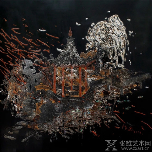 《醉梦是江南之三》 40×40cm  蛋壳、螺钿、大漆，金属粉  2016年