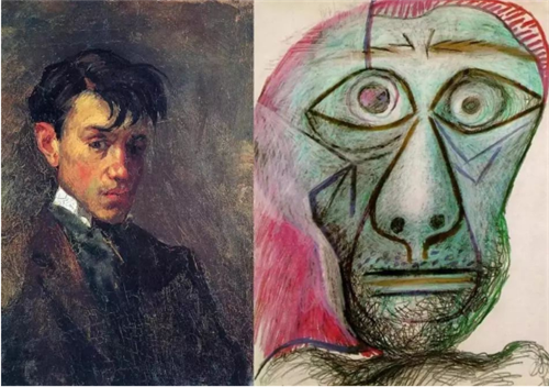 左图:毕加索15岁自画像 右图:毕加索90岁自画像
