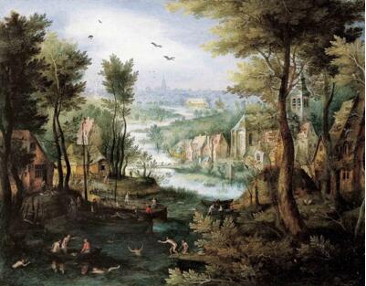 《人们在河中沐浴的风景》，1595年~1600年，扬·勃鲁盖尔，私人藏品