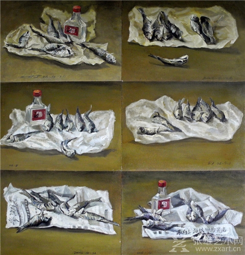 《鱼干静物》油画板油画 40X30X6cm