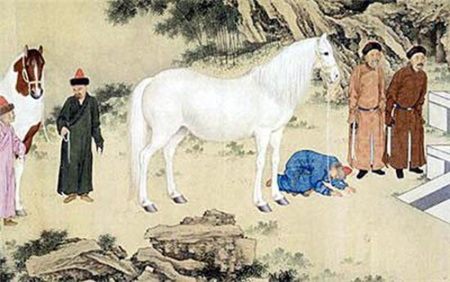 郎世宁，《哈萨克贡马图》（局部），1757年，法国吉美博物馆藏