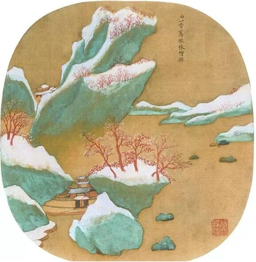 《燕吴八景册》之一"西山雪霁仿张僧繇",明,董其昌,绢本设色, 纵26.